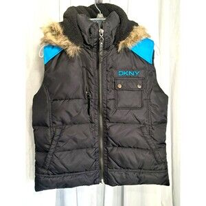 DKNY Womens Goose Down Sleeveless Jacket Waistcoat Vest Blue Black Medium